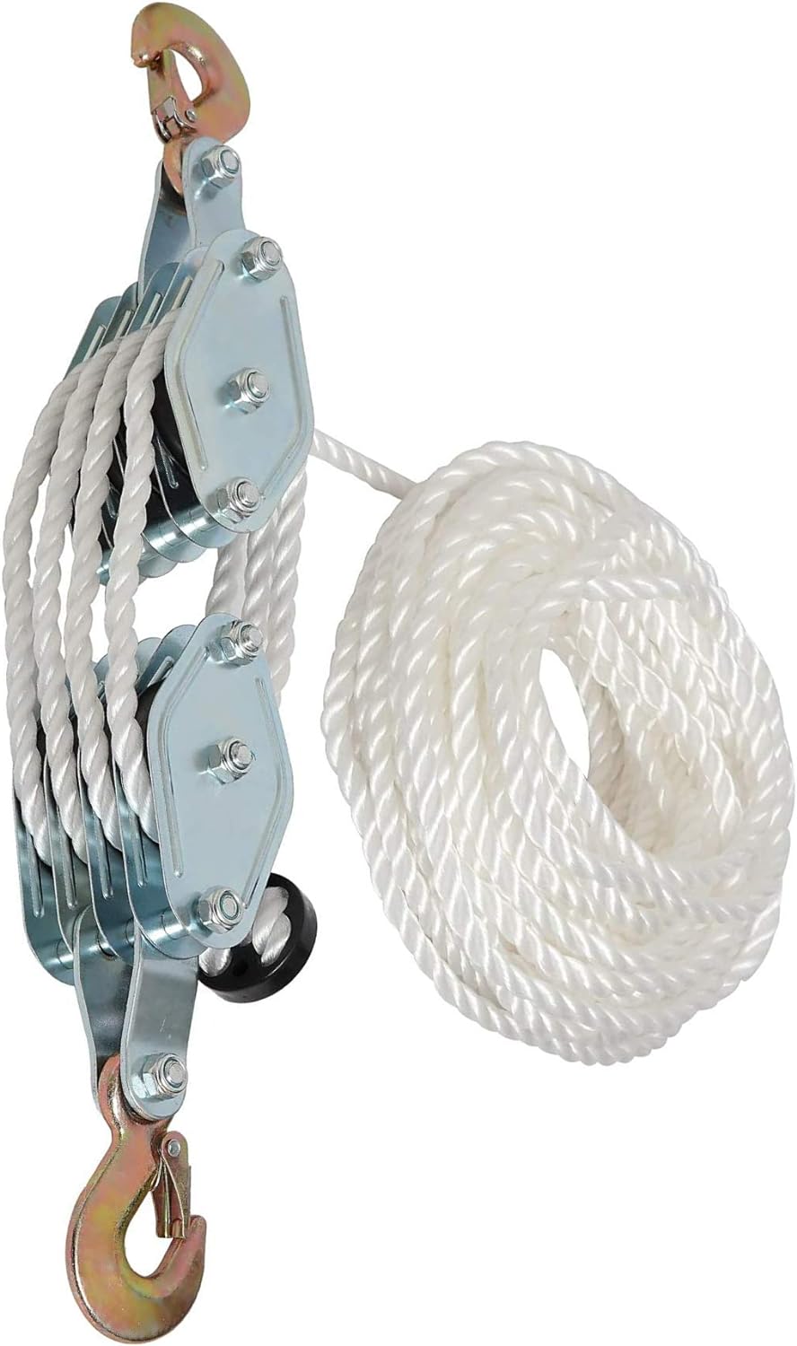 Block and Tackle Pulley System for Lifting Objects - SoB 4000LB Breaking Strength with 65 Feet of 3/8" Rope - 7:1 Lifting Power - Heavy Duty Rope Hoist Pulley System for Garage Warehouse Construction