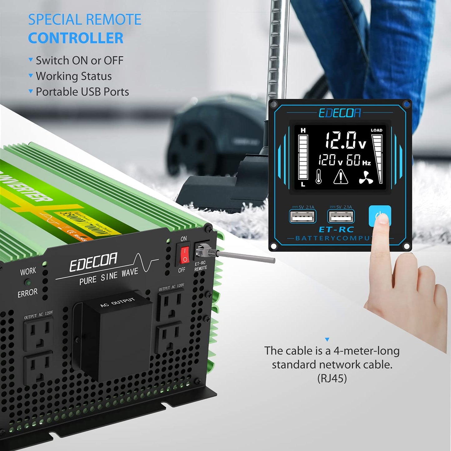 EDECOA Pure Sine Wave Power Inverter 3500W DC 12V to AC 120V with LCD Display and Remote Controller 4 AC Outlets and 1 Terminal Block