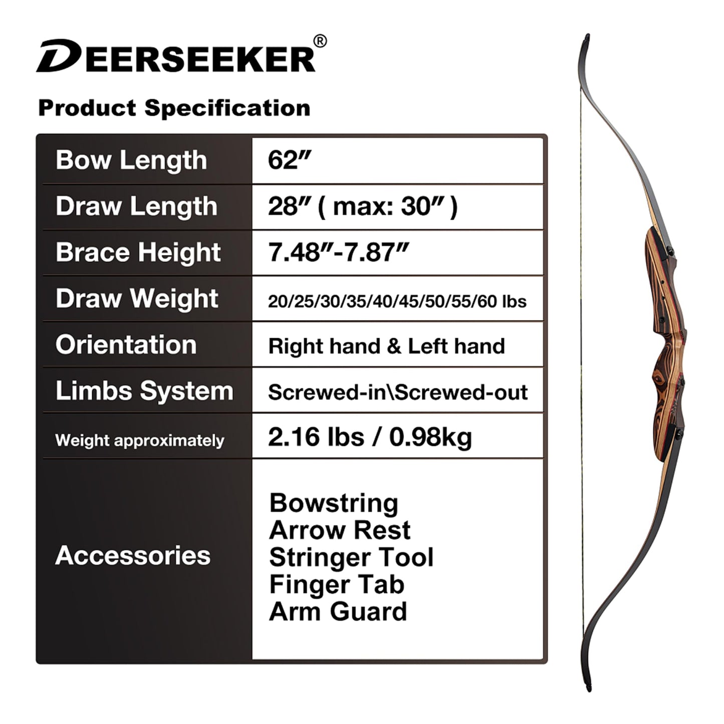 Deerseeker Archery 62" Takedown Recurve Bow Set with Right Hand & Left-Handed Riser Laminated Limbs 20-60 lbs for Adults & Youth, Archery Practice & Bow Hunting