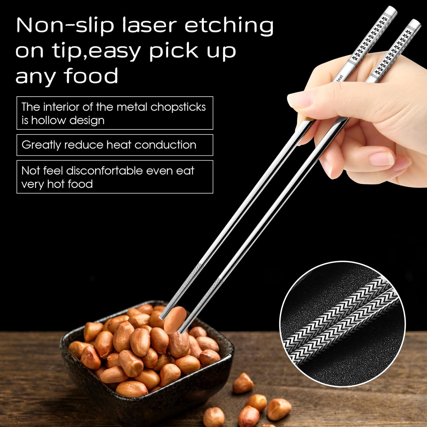 8 Pairs Metal Chopsticks Reusable Black Stainless Steel Chopsticks Set Laser Engraved Non-slip Japanese Korean Chinese Chopstick for Cooking Eating Dishwasher Safe 9.25" Chop Sticks Gift Set