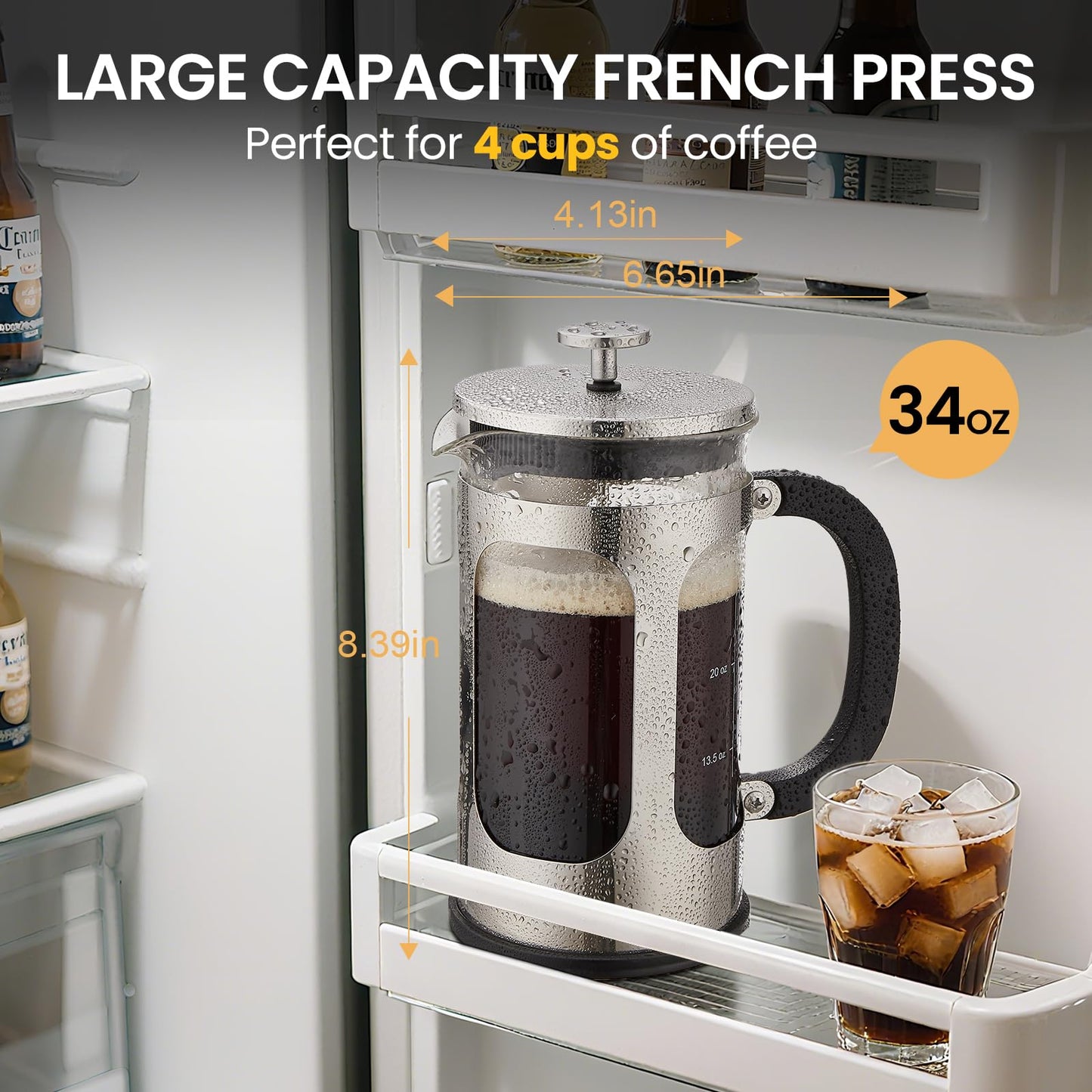 BAYKA French Press Coffee Maker, Large 304 Stainless Steel Coffee Press, Cold Brew Heat Resistant Thickened Borosilicate Coffee Pot for Camping Travel Gifts, 34 Ounce, Dark Pewter