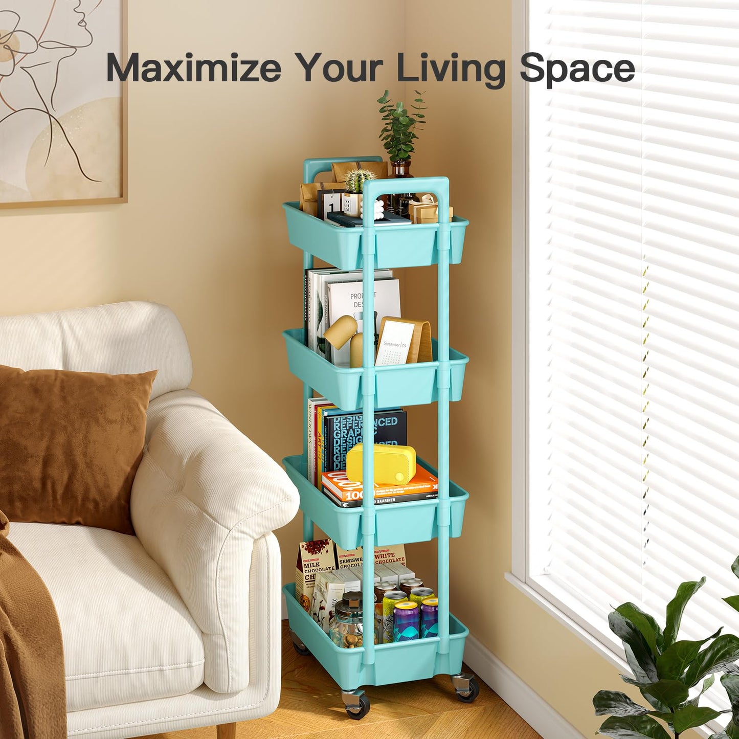 Pipishell 3 Tier Rolling Cart Organizer, Plastic Rolling Cart with Lockable Wheels & Reinforced Handle, Lightweight Utility Cart Storage Cart for Nursery, Kitchen, Bathroom, Craft Room, White, PIUC14W