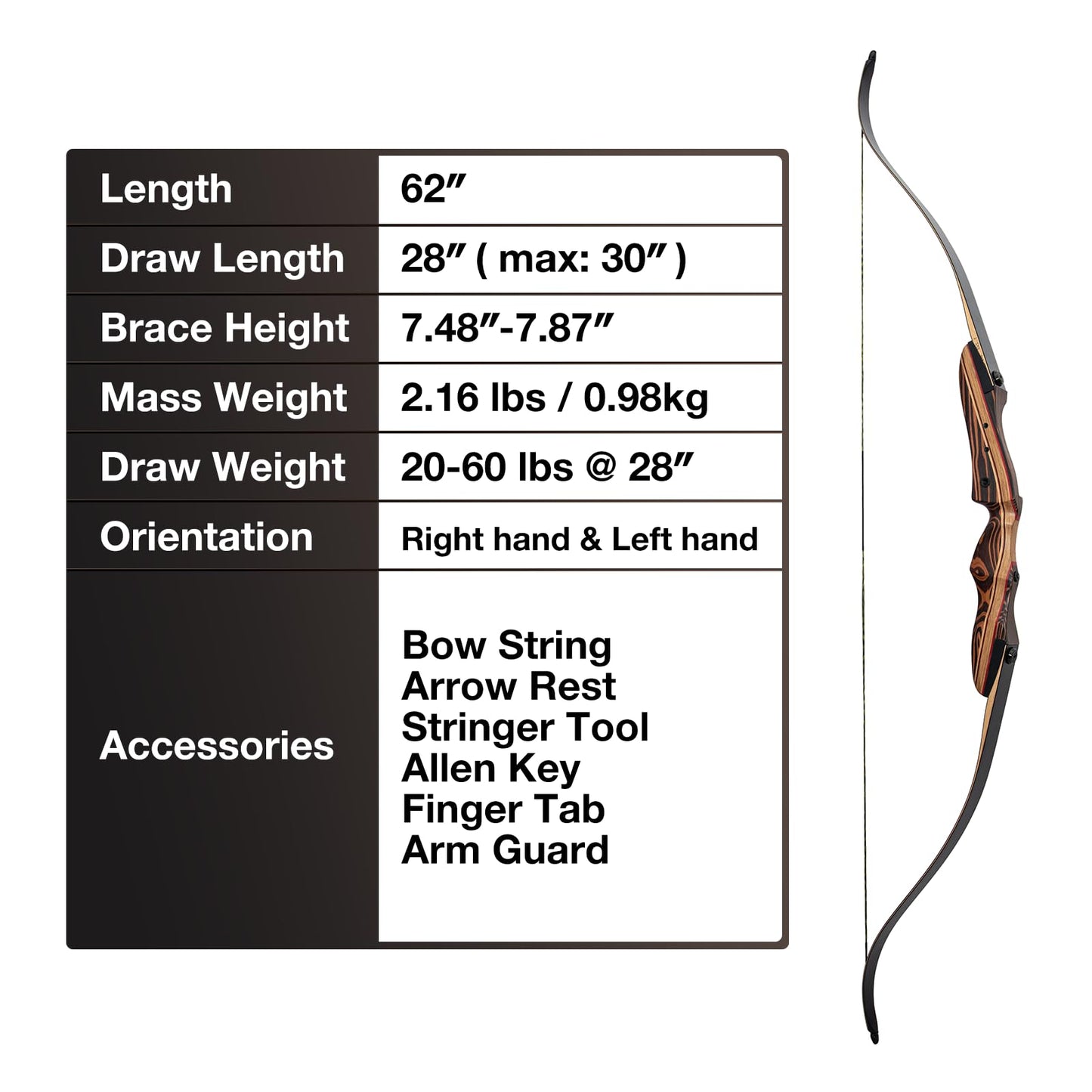 Deerseeker Archery 62" Takedown Recurve Bow Set with Right Hand & Left-Handed Riser Laminated Limbs 20-60 lbs for Adults & Youth, Archery Practice & Bow Hunting