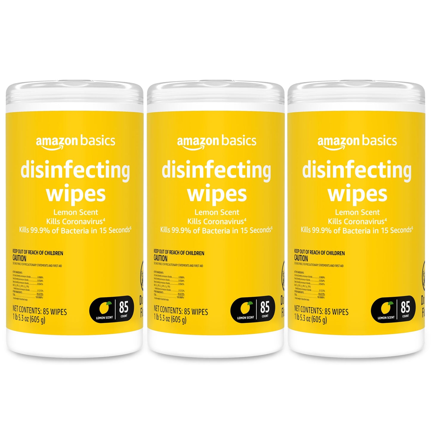 Amazon Basics Disinfecting Wipes, Lemon & Fresh Scent, Sanitizes, Cleans & Deodorizes, 255 Count (3 Packs of 85)