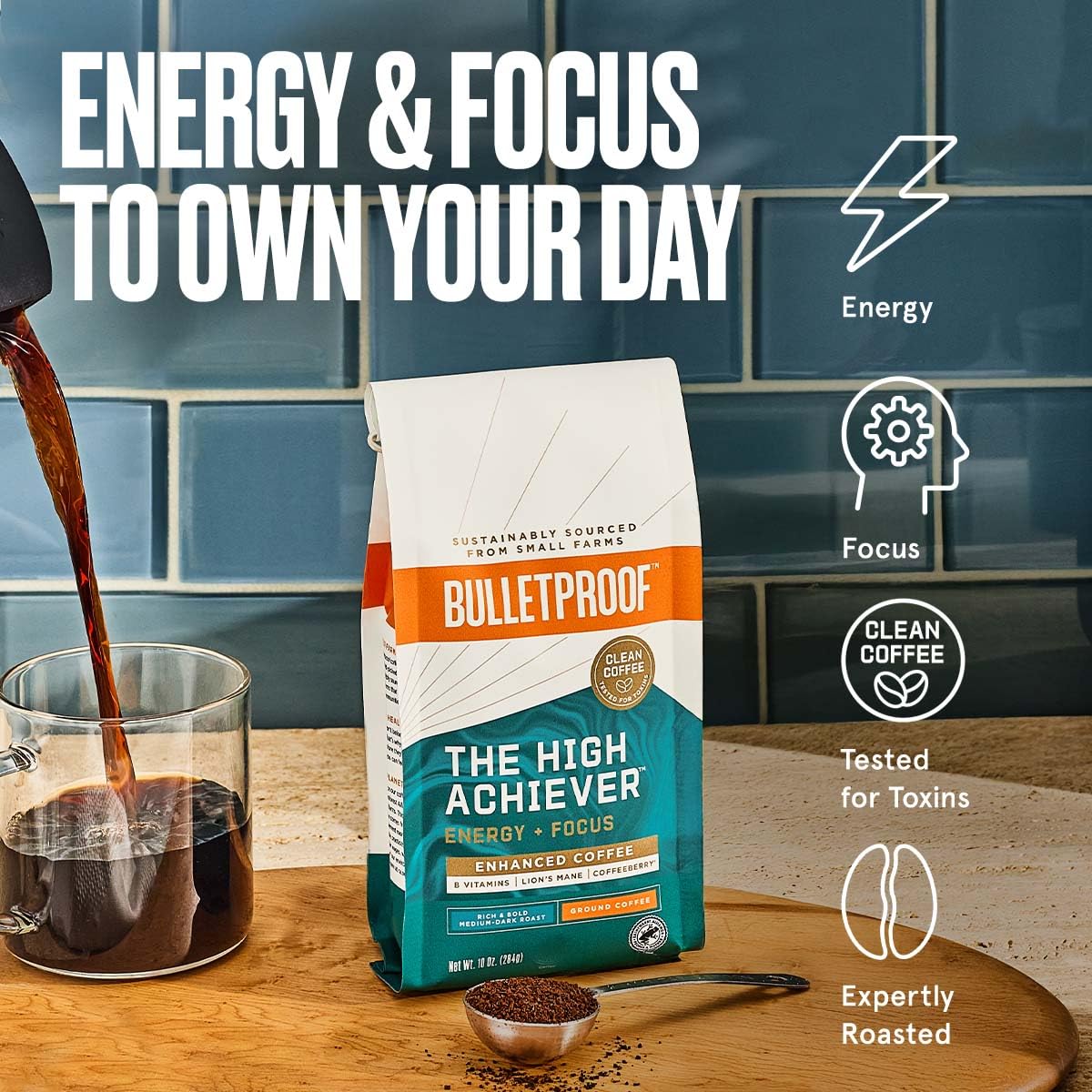 Bulletproof The High Achiever Ground Coffee, 10 Ounces, Medium-Dark Roast Enhanced Coffee with Lion's Mane Mushroom, B Vitamins, and Adaptogens for Energy and Focus