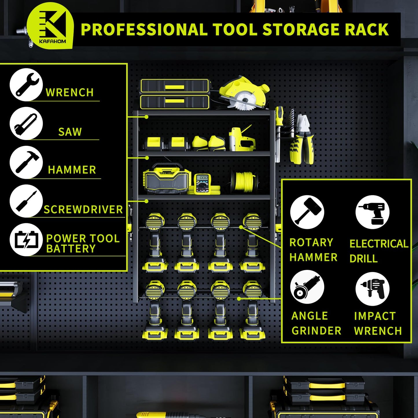 KAFAHOM Power Tool Organizer with Charging Station.Garage 8 Drill Holder Built in 8 Outlets Power Strip,Tool Storage Shelf Wall Mount,Tool Battery Organizer with Screwdriver/Hammer/Air Tool Rack