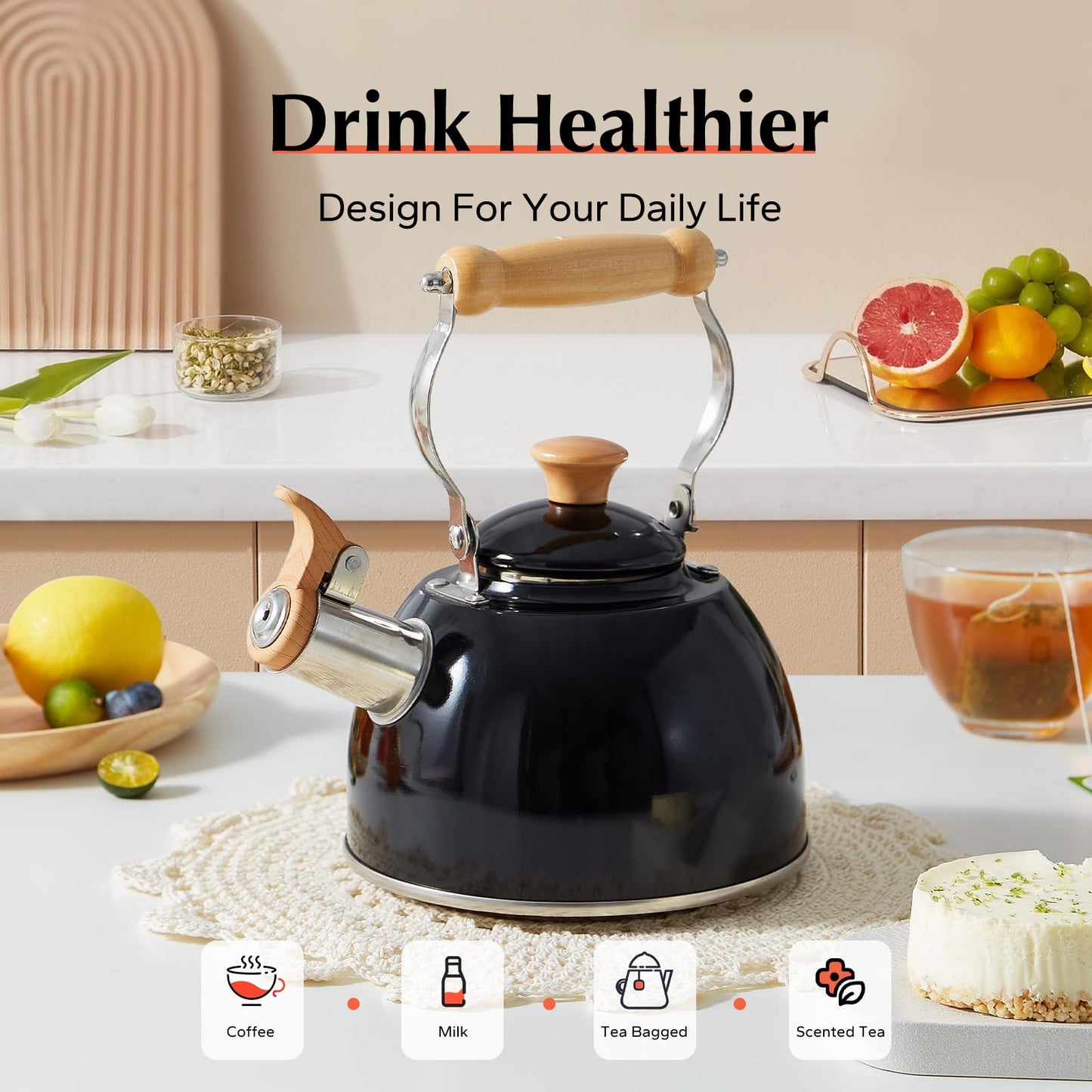 ROCKURWOK Tea Kettle, Tea Pot with Cool Touch Ergonomic Handle, Teapot Food Grade Stainless Steel, Tea Kettle Stovetop, Kettle Teapot, Whistling Tea Kettle, Small Tea Kettle, 1.6 Quart (Green)