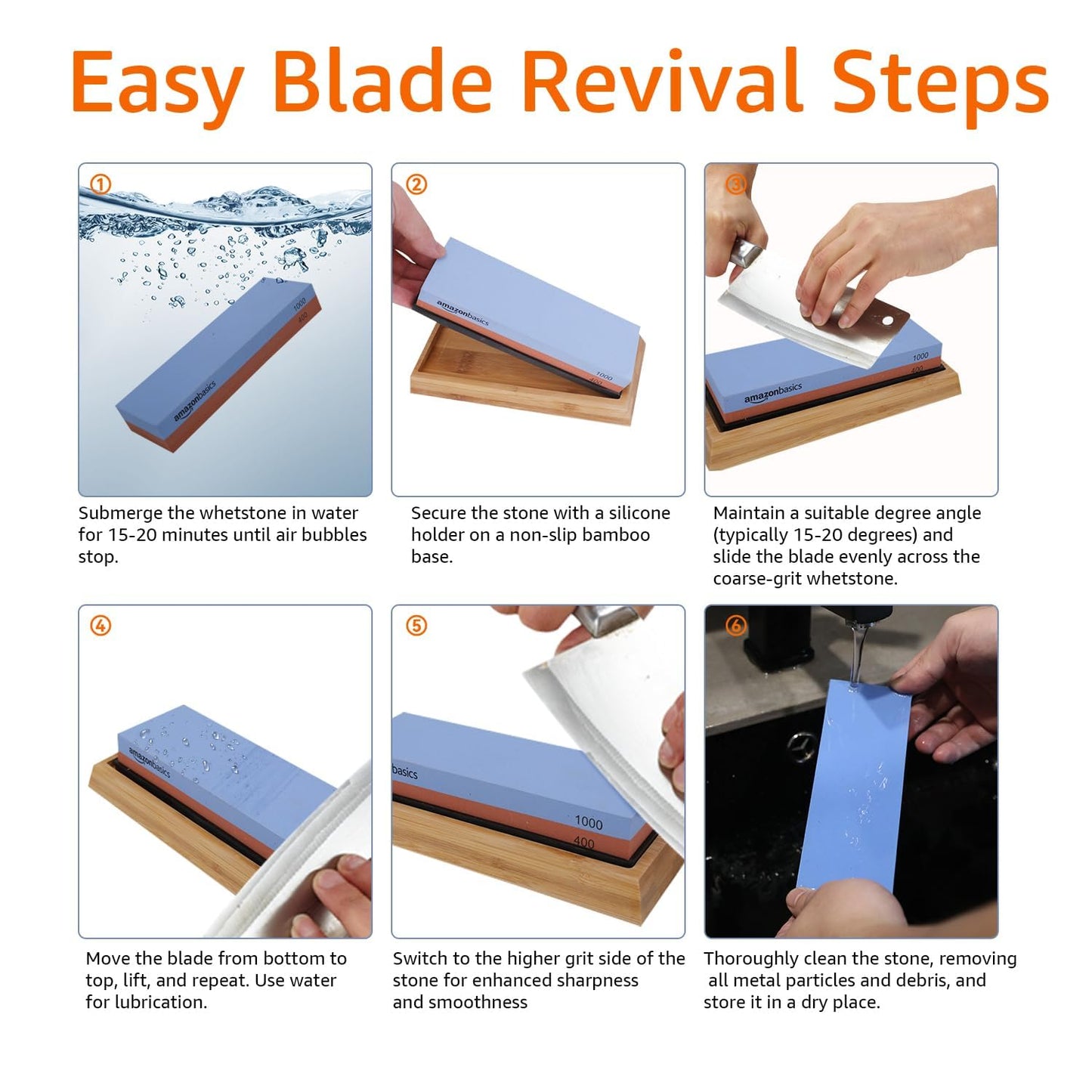 Amazon Basics Whetstone Knife Sharpening Wet Stone Dual Sided 400/1000 Grit with Non-Slip 1 Pc, Bamboo Base, Black & Grey