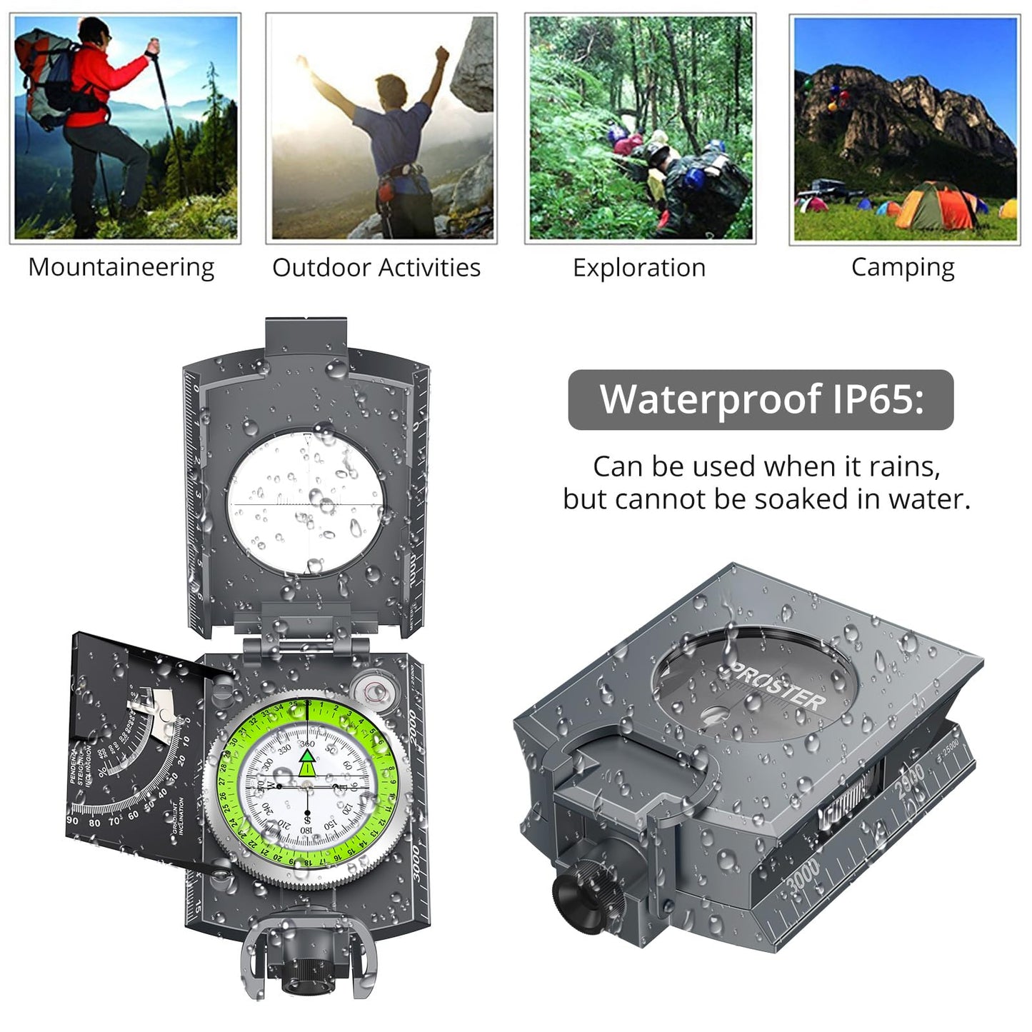 Proster IP65 Compass Hiking Survival - Lensatic Sighting Compass for Camping Navigation, Compass with Clinometer & Carry Bag for Camping Hunting Hiking Geology Activities