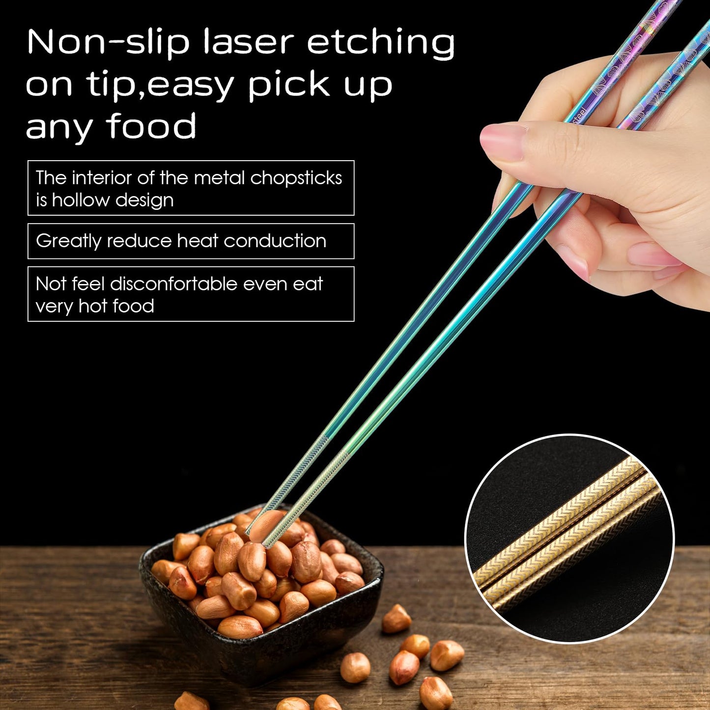 8 Pairs Metal Chopsticks Reusable Black Stainless Steel Chopsticks Set Laser Engraved Non-slip Japanese Korean Chinese Chopstick for Cooking Eating Dishwasher Safe 9.25" Chop Sticks Gift Set
