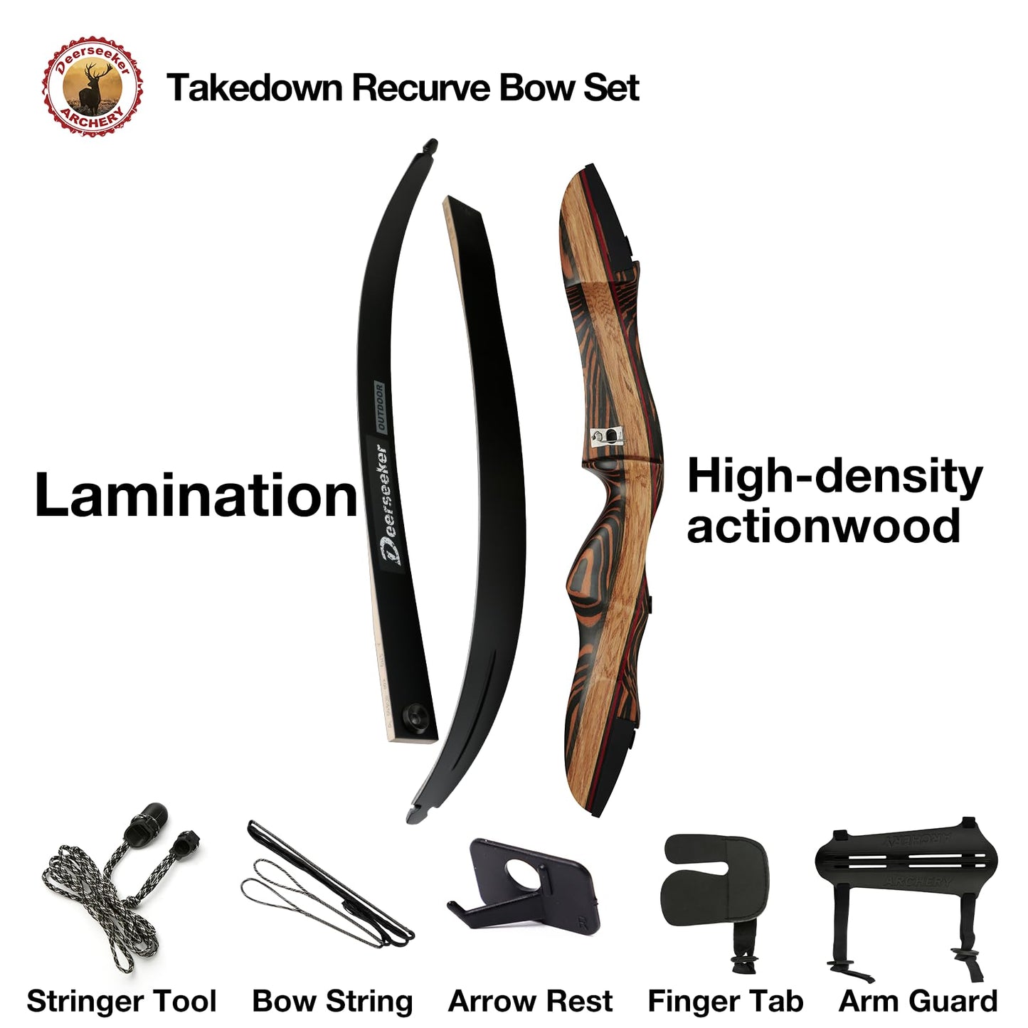 Deerseeker Archery 62" Takedown Recurve Bow Set with Right Hand & Left-Handed Riser Laminated Limbs 20-60 lbs for Adults & Youth, Archery Practice & Bow Hunting