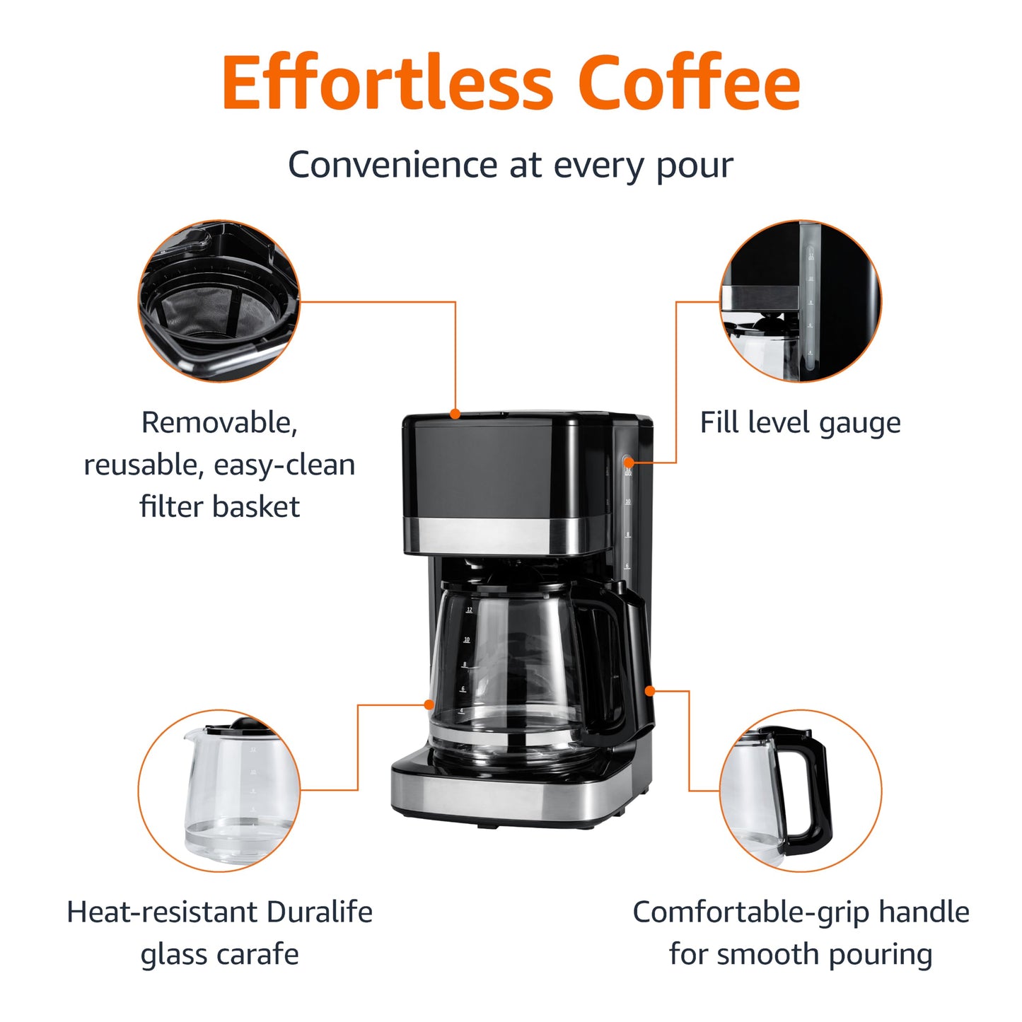 Amazon Basics Coffee Makers, 5-Cup Coffee Machines with Reusable Filter, Coffee Pots, Black & Stainless Steel