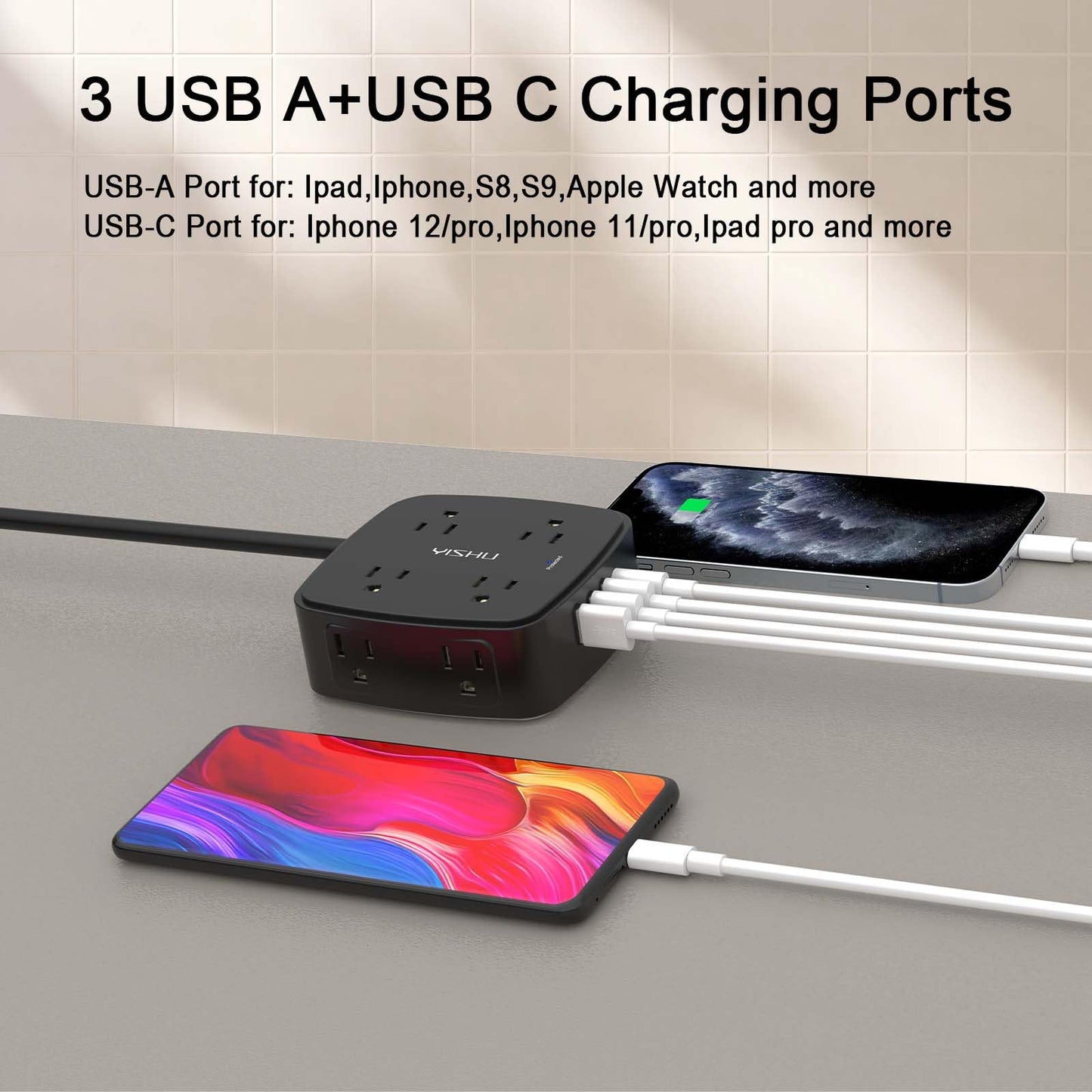 6 Ft Surge Protector Power Strip - 8 Widely Outlets with 4 USB Ports, 3 Side Outlet Extender with 6 Feet Extension Cord, Flat Plug, Wall Mount, Desk USB Charging Station, ETL,White