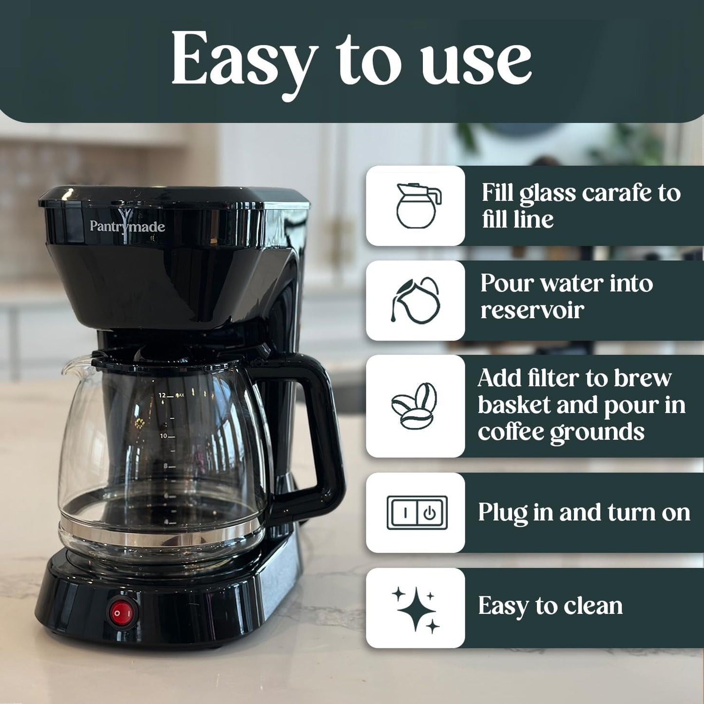 12-Cup Coffee Maker – Simple Drip Coffee Machine with Glass Carafe, Easy On/Off Operation, and Large Capacity – Perfect for Home or Office