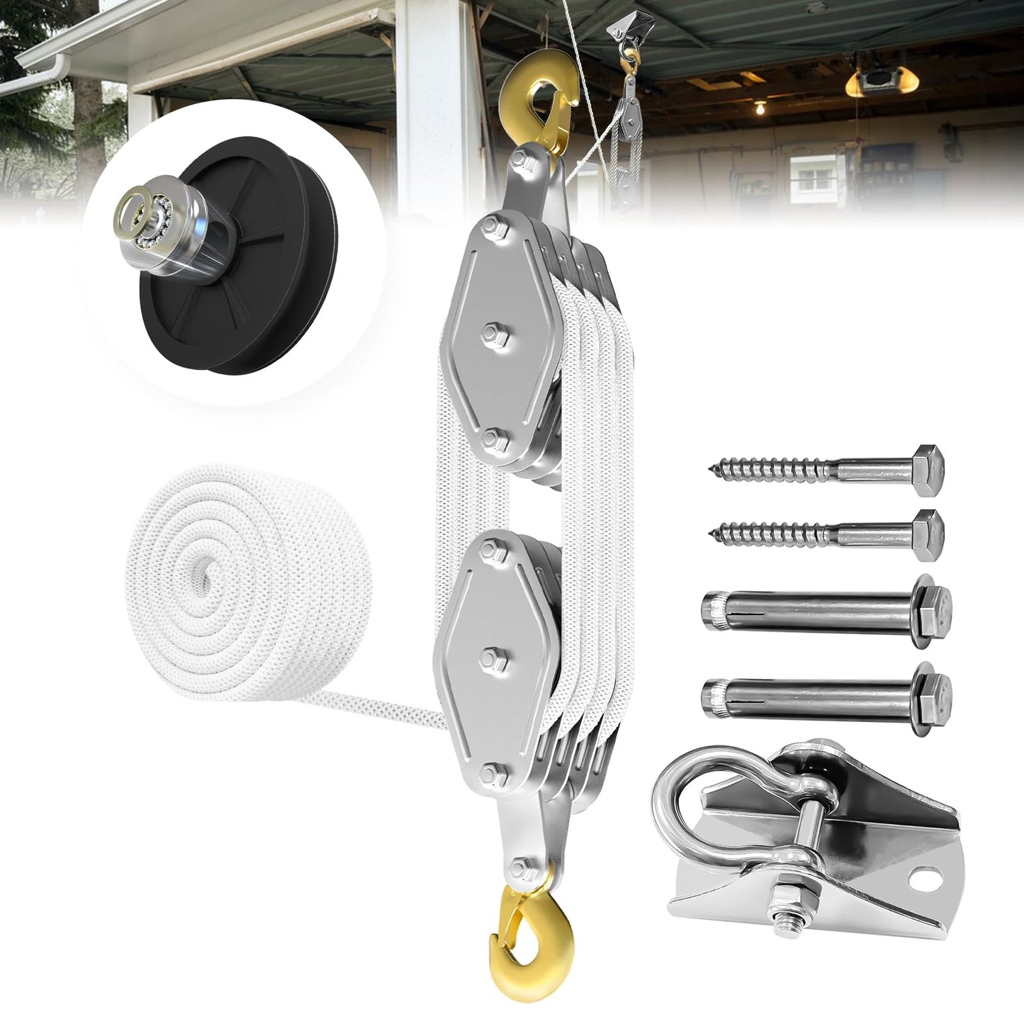 Rope Hoist Pulley System, 4400LB Pulley Block and Tackle, 8:1 Ratio Lifting Power 65ft, Heavy Duty Pulley Block for Lifting Pulling (with 2PCs Straps)