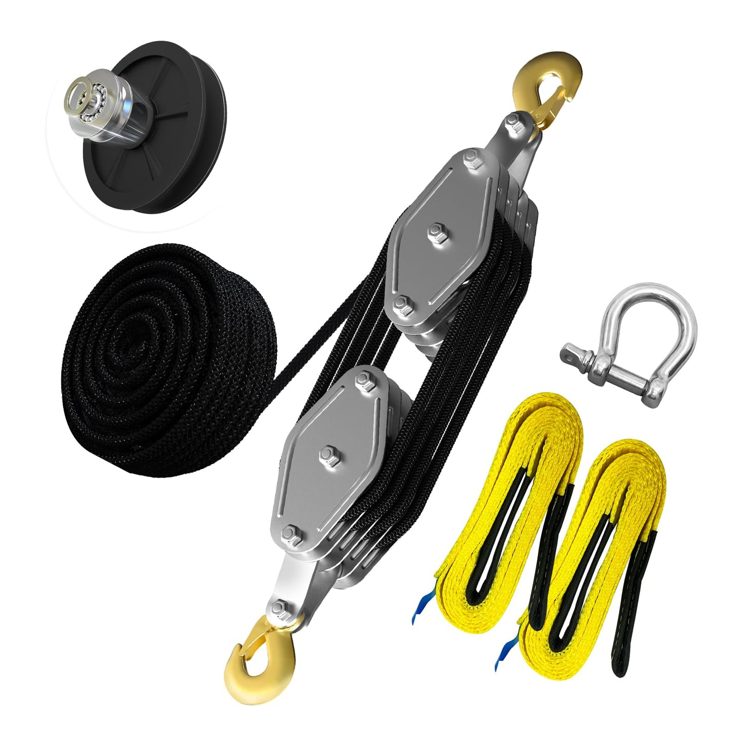 Rope Hoist Pulley System, 4400LB Pulley Block and Tackle, 8:1 Ratio Lifting Power 65ft, Heavy Duty Pulley Block for Lifting Pulling (with 2PCs Straps)