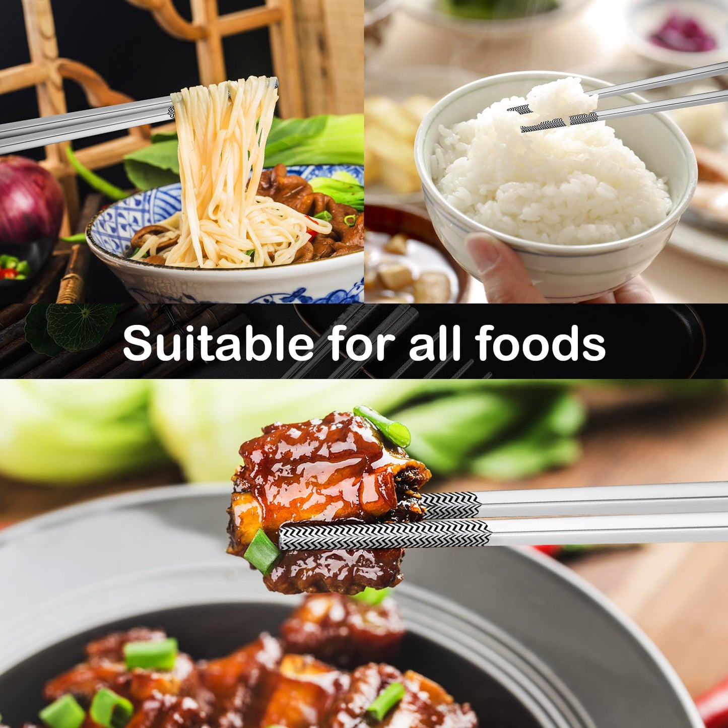 8 Pairs Metal Chopsticks Reusable Black Stainless Steel Chopsticks Set Laser Engraved Non-slip Japanese Korean Chinese Chopstick for Cooking Eating Dishwasher Safe 9.25" Chop Sticks Gift Set