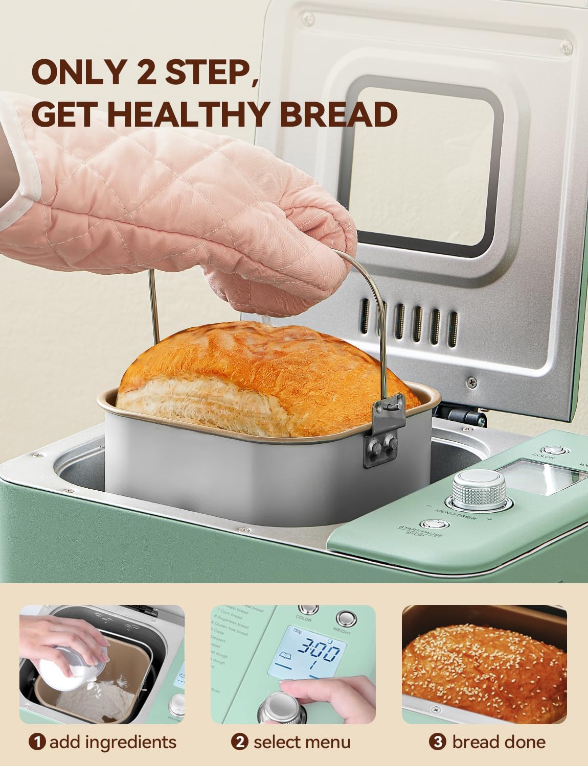 Neretva 20-IN-1 Bread Maker, Dual Heater 2LB Bread Machine Stainless Steel Bread Maker Machine Nonstick Ceramic Pan Compact for Gluten Free/Sourdough/Whole Wheat Bread/Yogurt, Breadmaker Recipe-Green