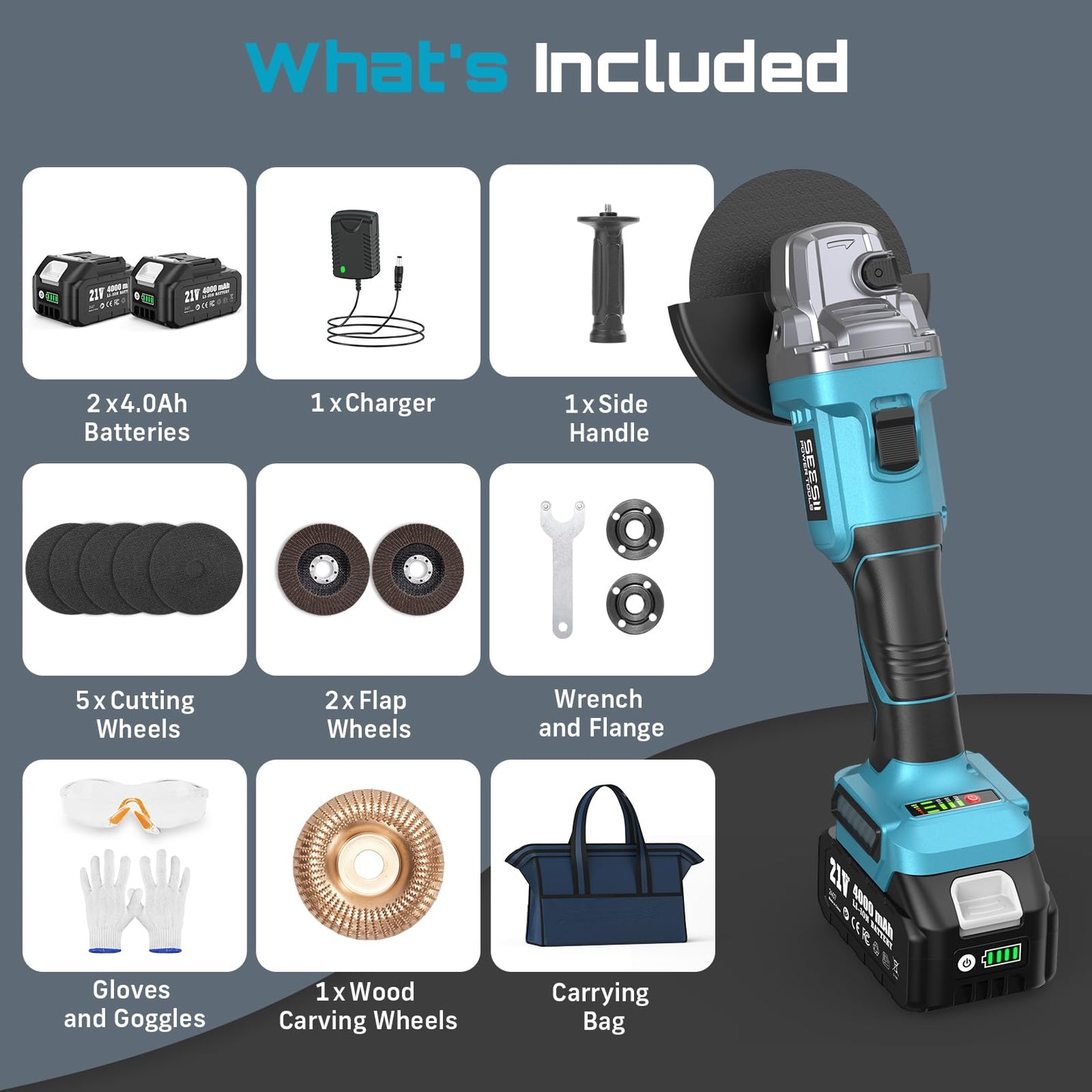 SEESII Cordless Angle Grinder 4-1/2 Inch, 21V Brushless Battery Grinder Tool with 2X 4.0Ah Batteries, 10000RPM for Metal Cutting, Grinding, Polishing, Rust Removal (Blue)