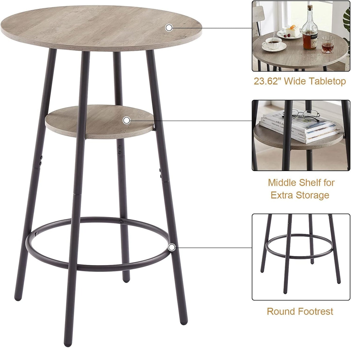 3-Piece Dining Table Set for 2, Small Round Kitchen Table with 2 Chairs, Counter Height Bar Table with Storage, Pub Table and PU Upholstery Stools for Small Space, Apartment, Bistro-Brown