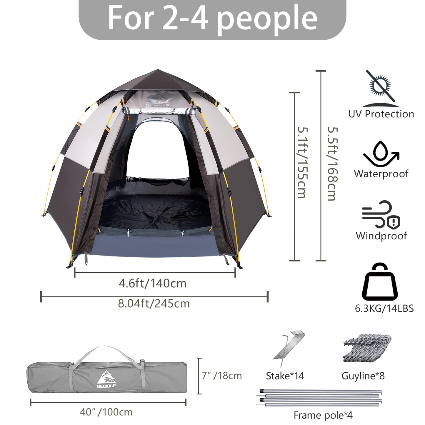 Hewolf 2/3/4 Person Camping Tent - Instant Pop Up Waterproof 2 Doors Tent with Easy Setup | 3-Season Hexagonal Dome Design for Family, Hiking & Traveling