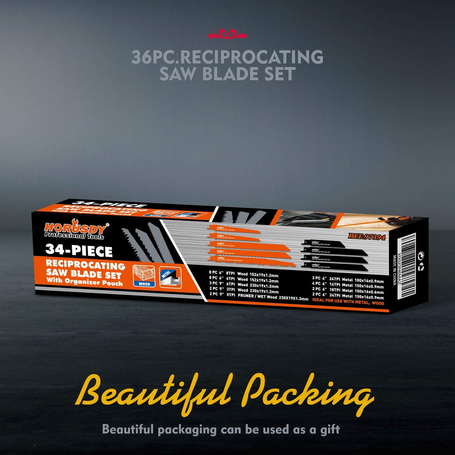 HORUSDY 34-Piece Reciprocating Saw Blades Set, Metal & Woodcutting Saw Blades, Saw Blades with Pouch.
