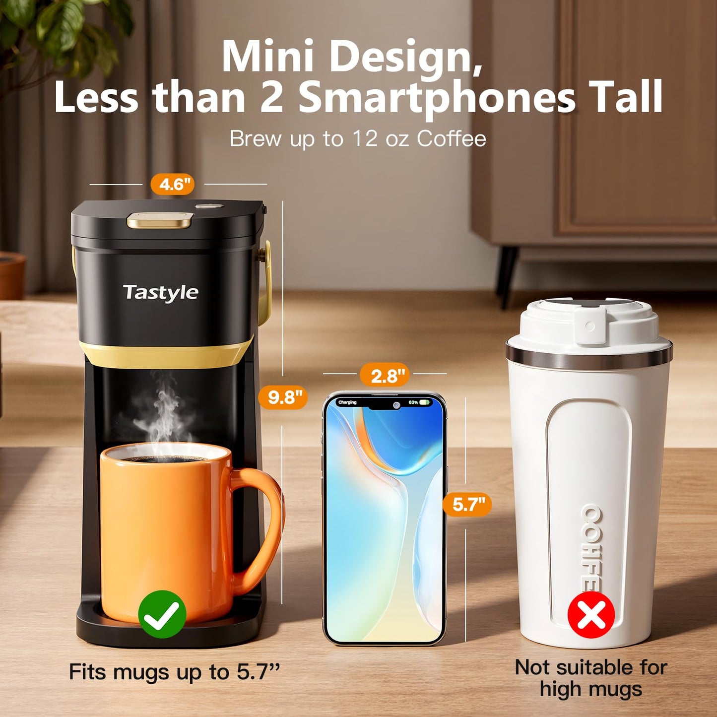 Single Serve One Cup Coffee Maker, for K Cups and Grounds, Mini Coffee Maker with Portable Handle, 6 to 12 Oz Brew Size, for Travel, Camping, Office, RV and Dorm, 120V, Black and Gold