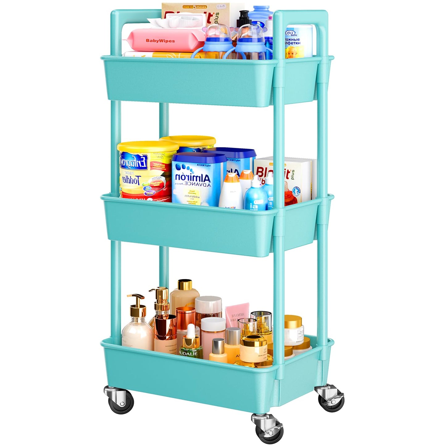 Pipishell 3 Tier Rolling Cart Organizer, Plastic Rolling Cart with Lockable Wheels & Reinforced Handle, Lightweight Utility Cart Storage Cart for Nursery, Kitchen, Bathroom, Craft Room, White, PIUC14W