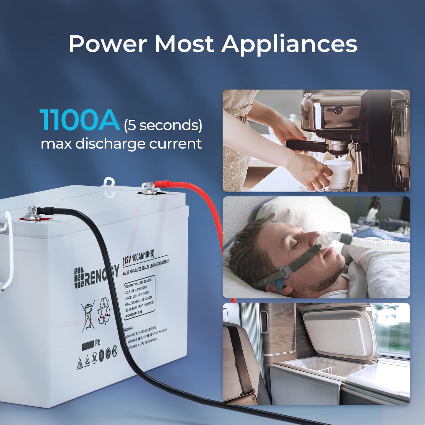 Renogy Deep Cycle AGM Battery 12 Volt 200Ah, 3% Self-Discharge Rate, 2000A Max Discharge Current, Safe Charge Most Home Appliances for RV, Camping, Cabin, Marine and Off-Grid System, Maintenance-Free