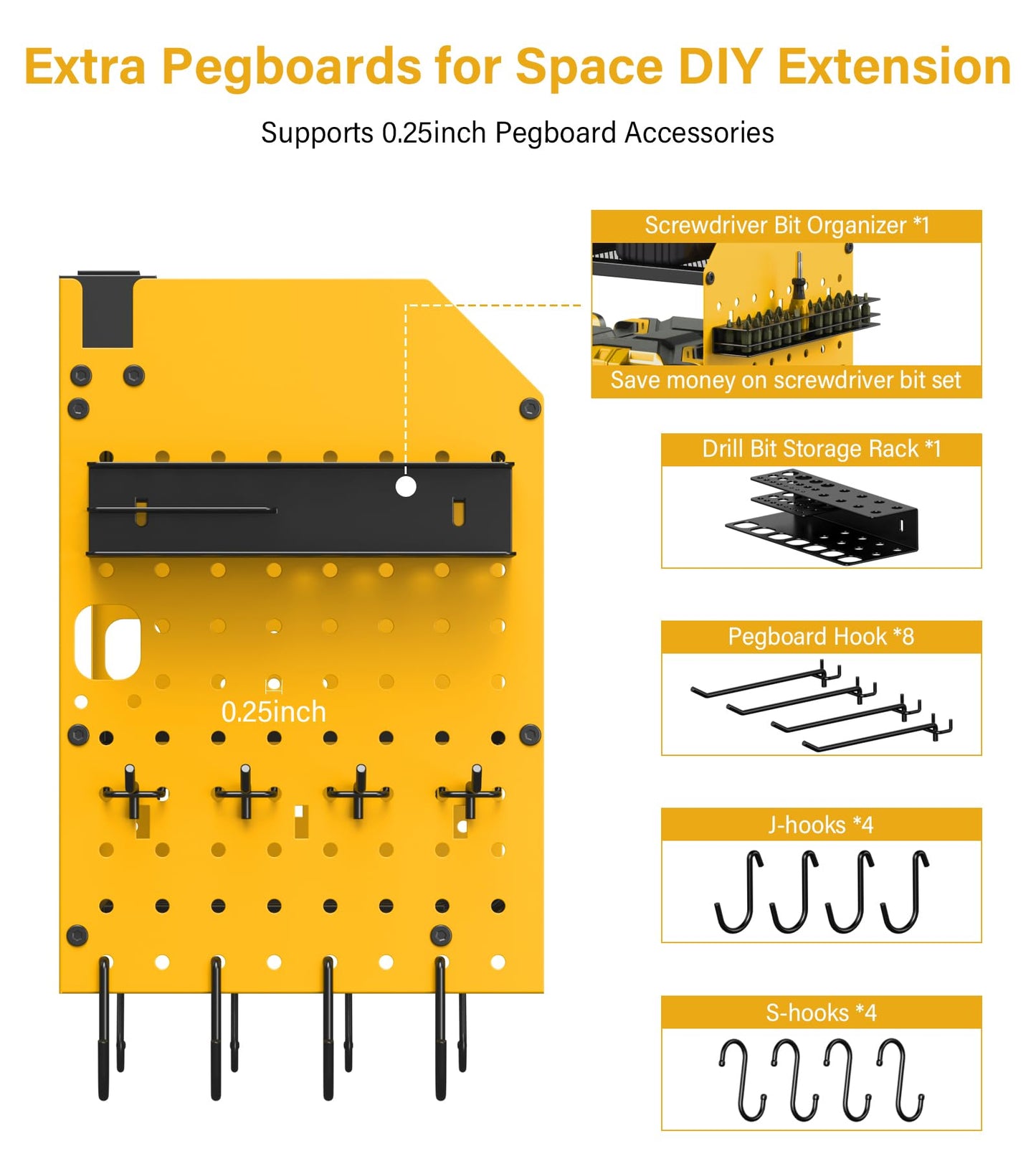 JUNNUJ Large Pegboard Power Tool Organizer with Charging Station, 8 Drills Driver and Tools Battery Holder Wall Mount with 8 Outlet Power Strip, Black 3-Layer Shop Garage Storage Utility Rack