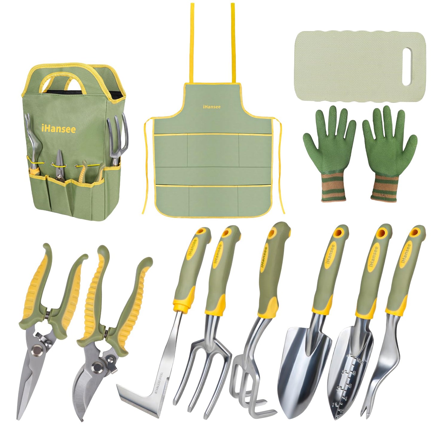 Brown Gardening Tools Set 12-Piece, Heavy Duty Garden Hand Tool Kit with Non-Slip Ergonomic Handle, Storage Tote Bag, Garden Apron, Gloves and Kneeling Pad, Gardening Gifts for Women Men Plant Lover