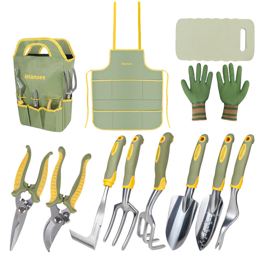 Brown Gardening Tools Set 12-Piece, Heavy Duty Garden Hand Tool Kit with Non-Slip Ergonomic Handle, Storage Tote Bag, Garden Apron, Gloves and Kneeling Pad, Gardening Gifts for Women Men Plant Lover