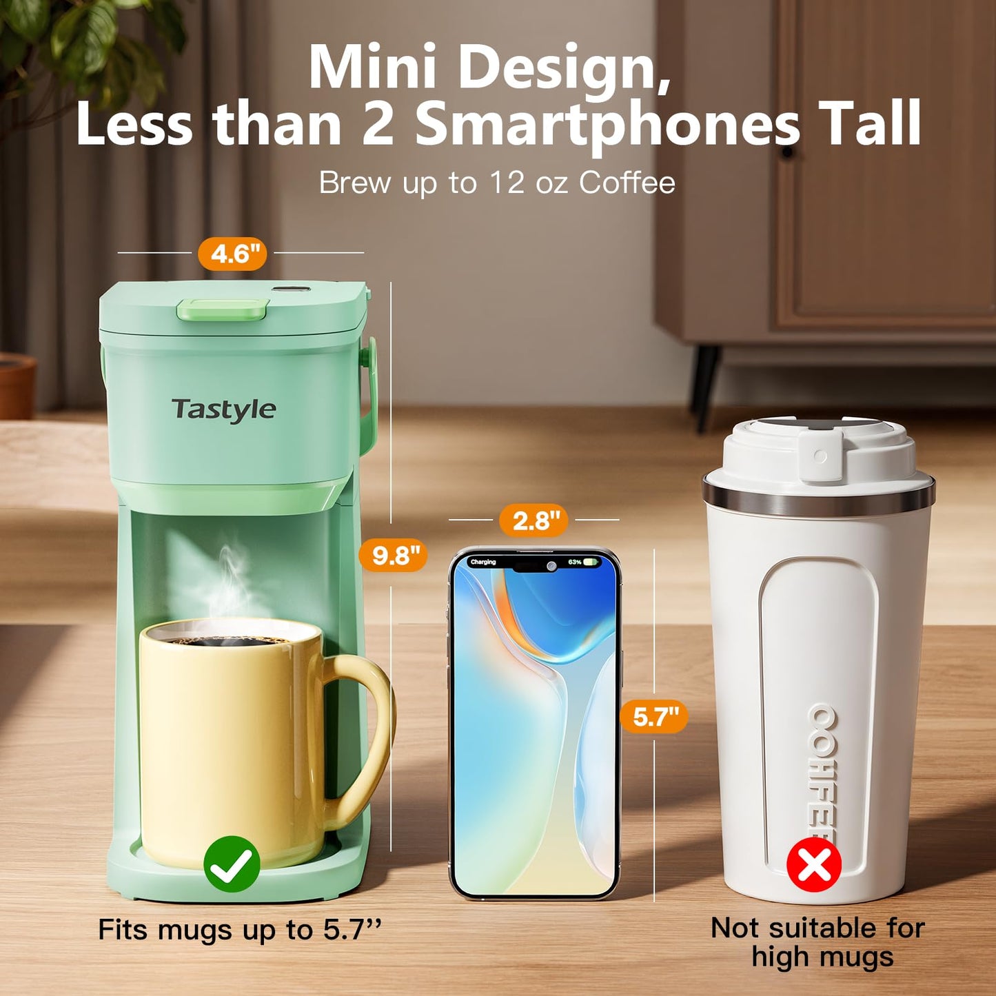 Single Serve One Cup Coffee Maker, for K Cups and Grounds, Mini Coffee Maker with Portable Handle, 6 to 12 Oz Brew Size, for Travel, Camping, Office, RV and Dorm, 120V, Black and Gold