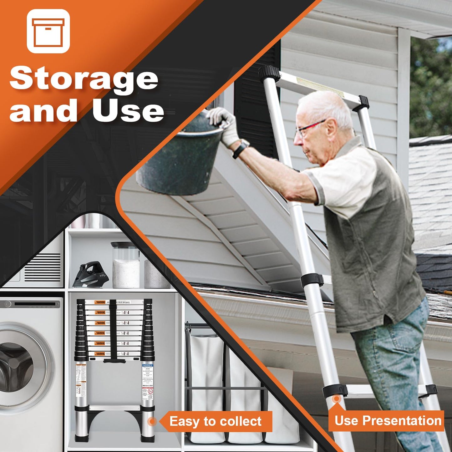 Telescoping Ladder, SocTone 12.5 FT Aluminum Lightweight Extension Ladder with 2 Triangle Stabilizers, Heavy Duty 330lbs Max Capacity, Multi-Purpose Collapsible Ladder for RV or Outdoor Work