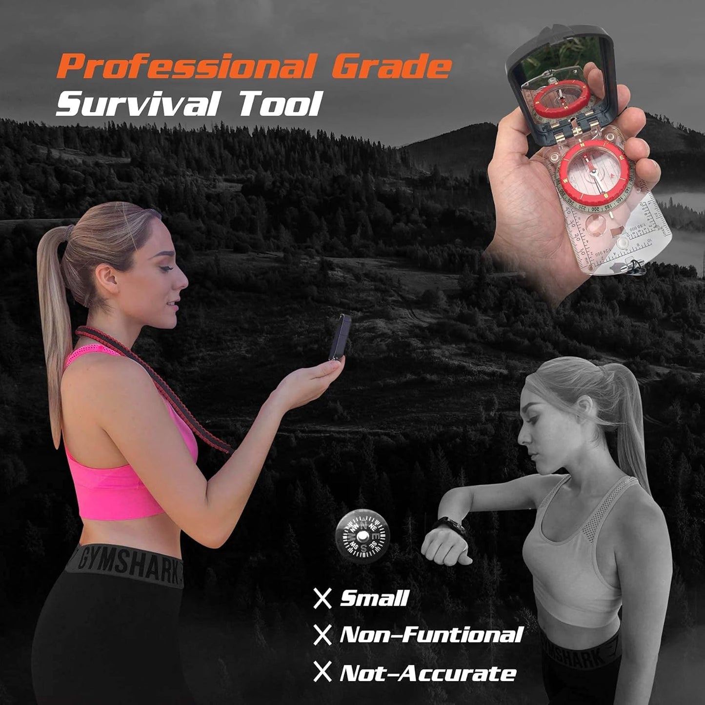 PREPARED4X Hiking Compass Survival – Mirror Sighting Map Orienteering Compass – with 35-Ft 550 Survival Paracord Lanyard, Fire Starter, Whistle, Fishing Line, Tinder Cord