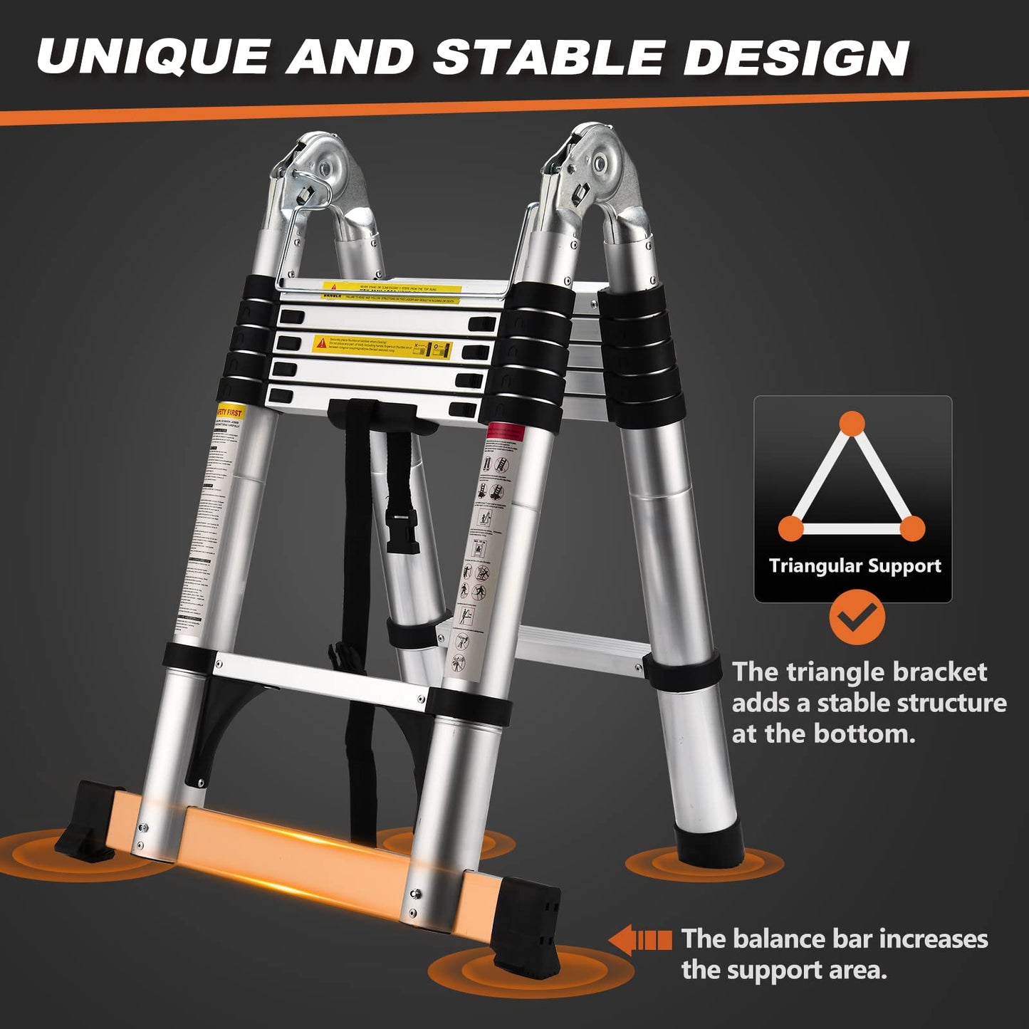 Telescoping Ladder, SocTone 12.5 FT Aluminum Lightweight Extension Ladder with 2 Triangle Stabilizers, Heavy Duty 330lbs Max Capacity, Multi-Purpose Collapsible Ladder for RV or Outdoor Work