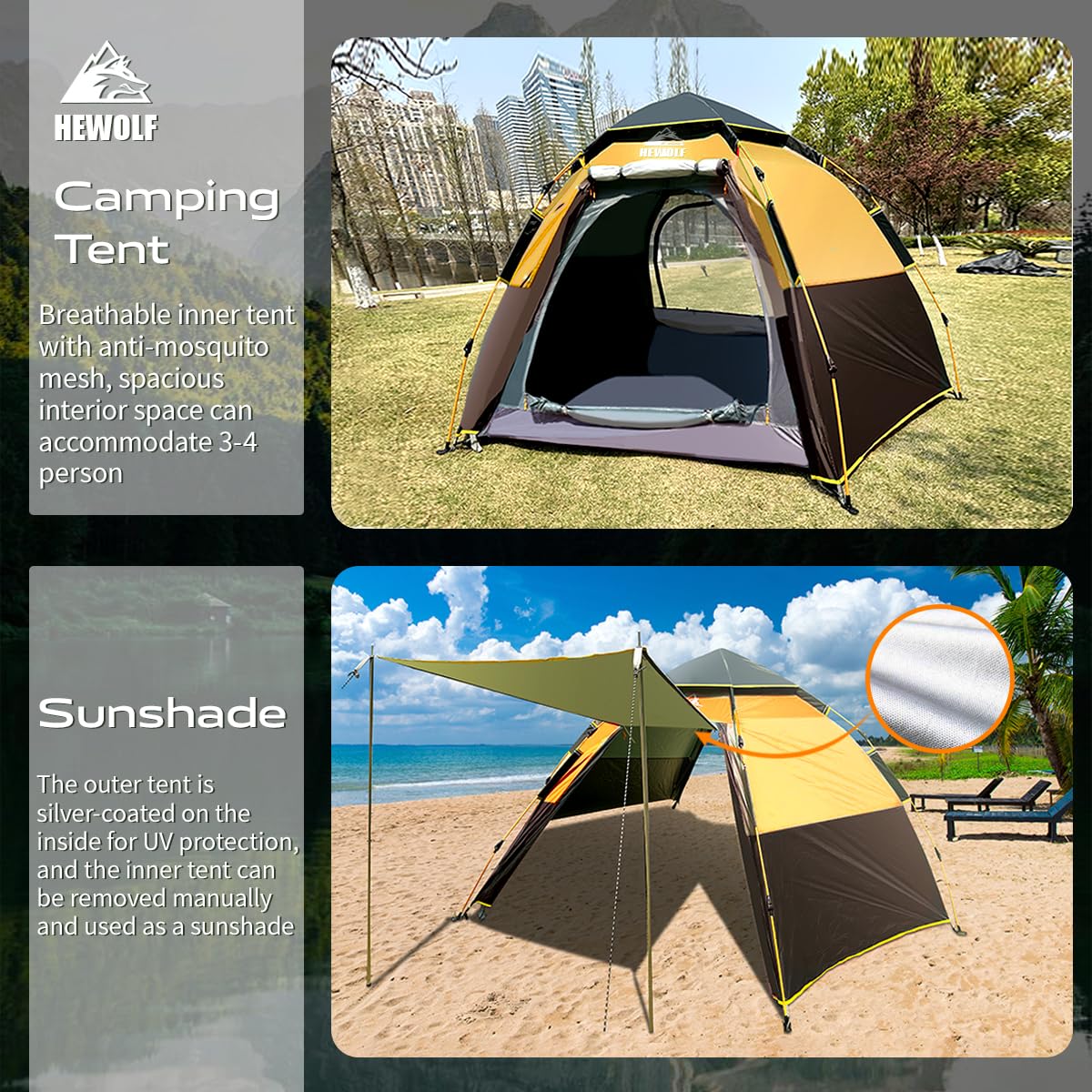 Hewolf 2/3/4 Person Camping Tent - Instant Pop Up Waterproof 2 Doors Tent with Easy Setup | 3-Season Hexagonal Dome Design for Family, Hiking & Traveling