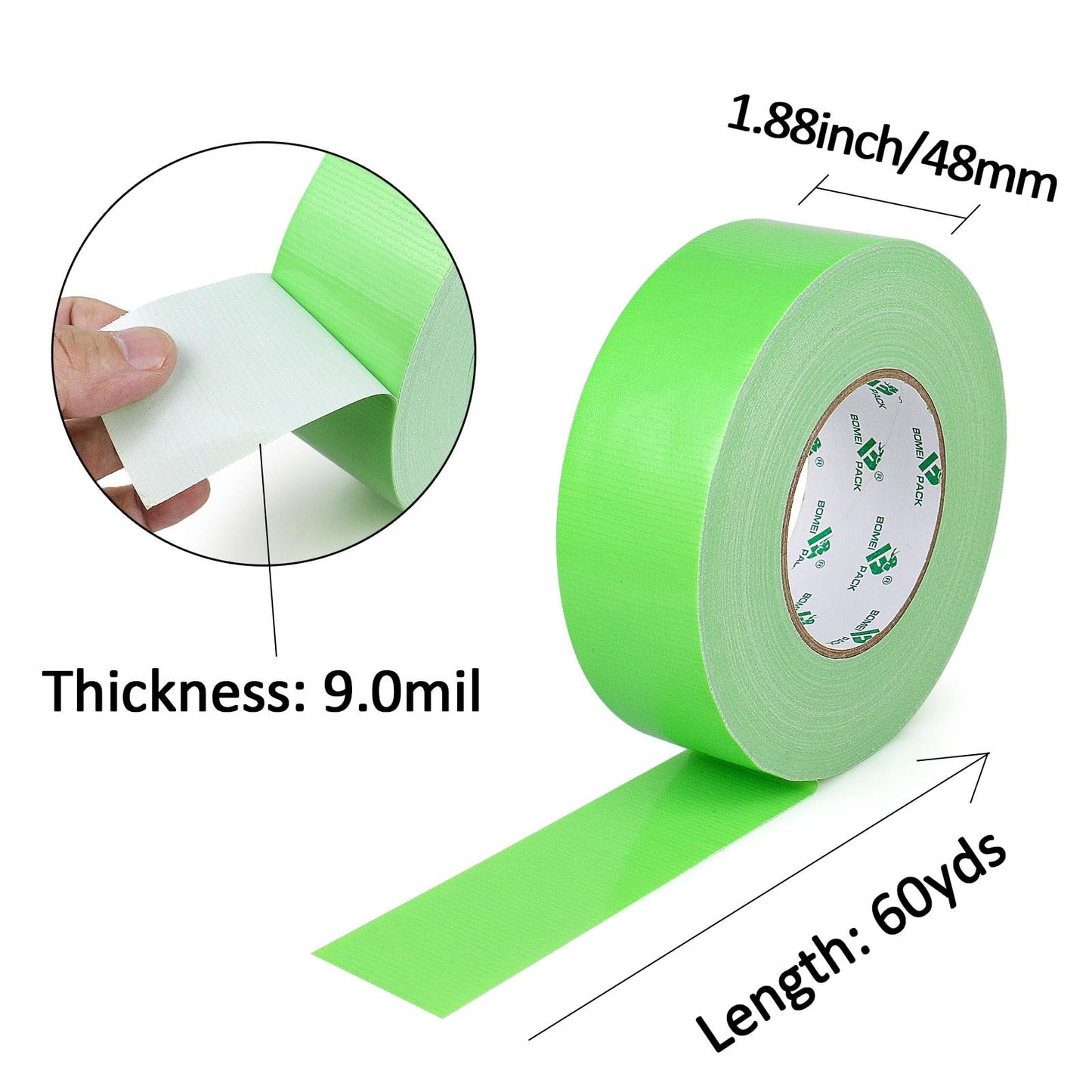 BOMEI PACK Green Duct Tape, 3Rolls Heavy Duty Strong Industrial Color Duct Tape 9mil x 1.88inch x 30yds for Packing and Repairing
