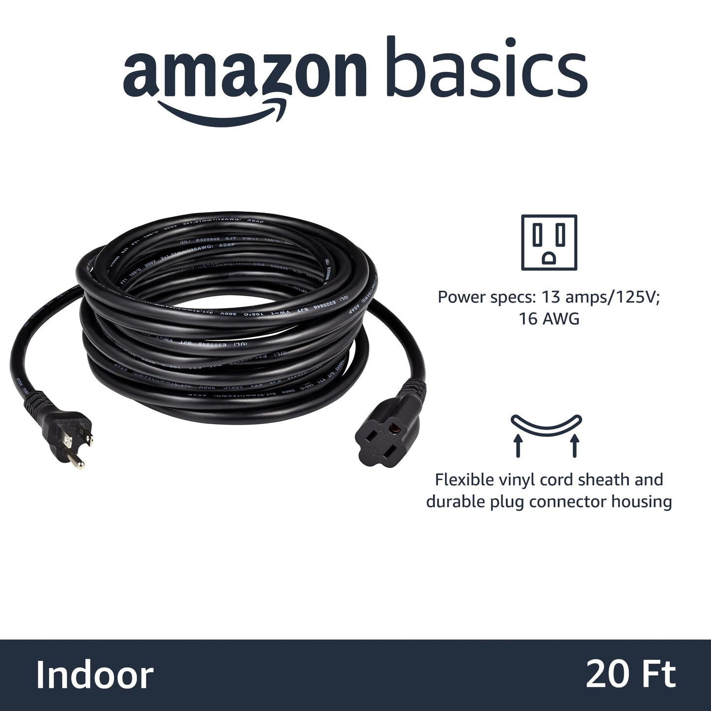 Extension Cord, 20 Ft, 3 Prong Outlet Extender, Indoor Extension Cord, 13 Amps, 125V, Black