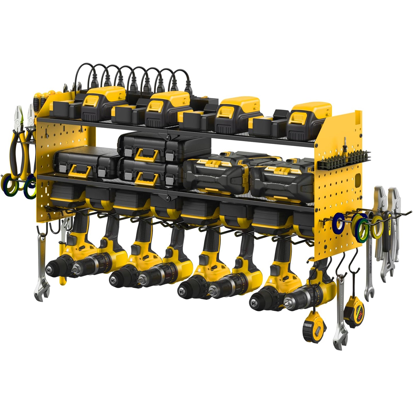 JUNNUJ Large Pegboard Power Tool Organizer with Charging Station, 8 Drills Driver and Tools Battery Holder Wall Mount with 8 Outlet Power Strip, Black 3-Layer Shop Garage Storage Utility Rack