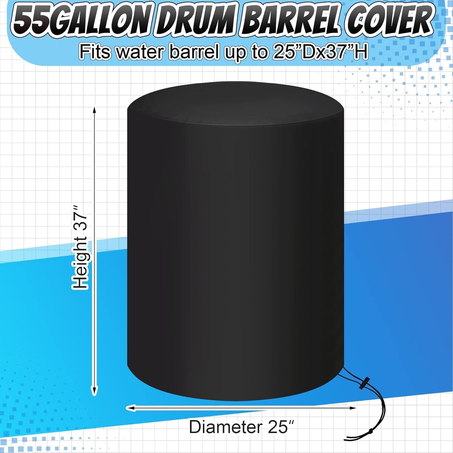 55 Gallon Rain Barrel Cover 420D Water Storage Barrel Cover Oxford Cloth 25 x 37 Inch Outdoor Waterproof Rain Snow Bucket Cover with Drawstring, UV Protection, Anti Dust (Black)