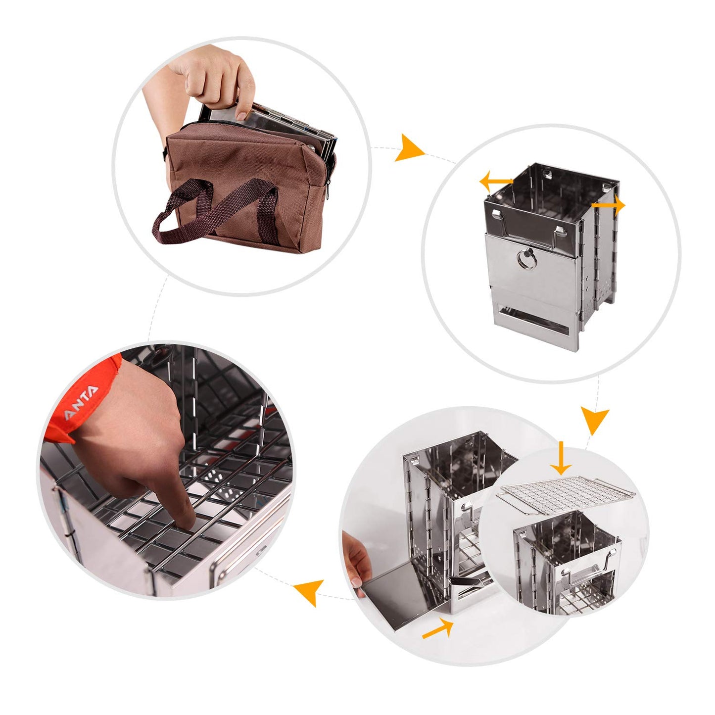 Portable Folding Camping Wood Stove for Outdoor Cooking, Lightweight Stainless Steel Wood Burning Camp Stove with Grill for Backpacking BBQ Picnic, Small