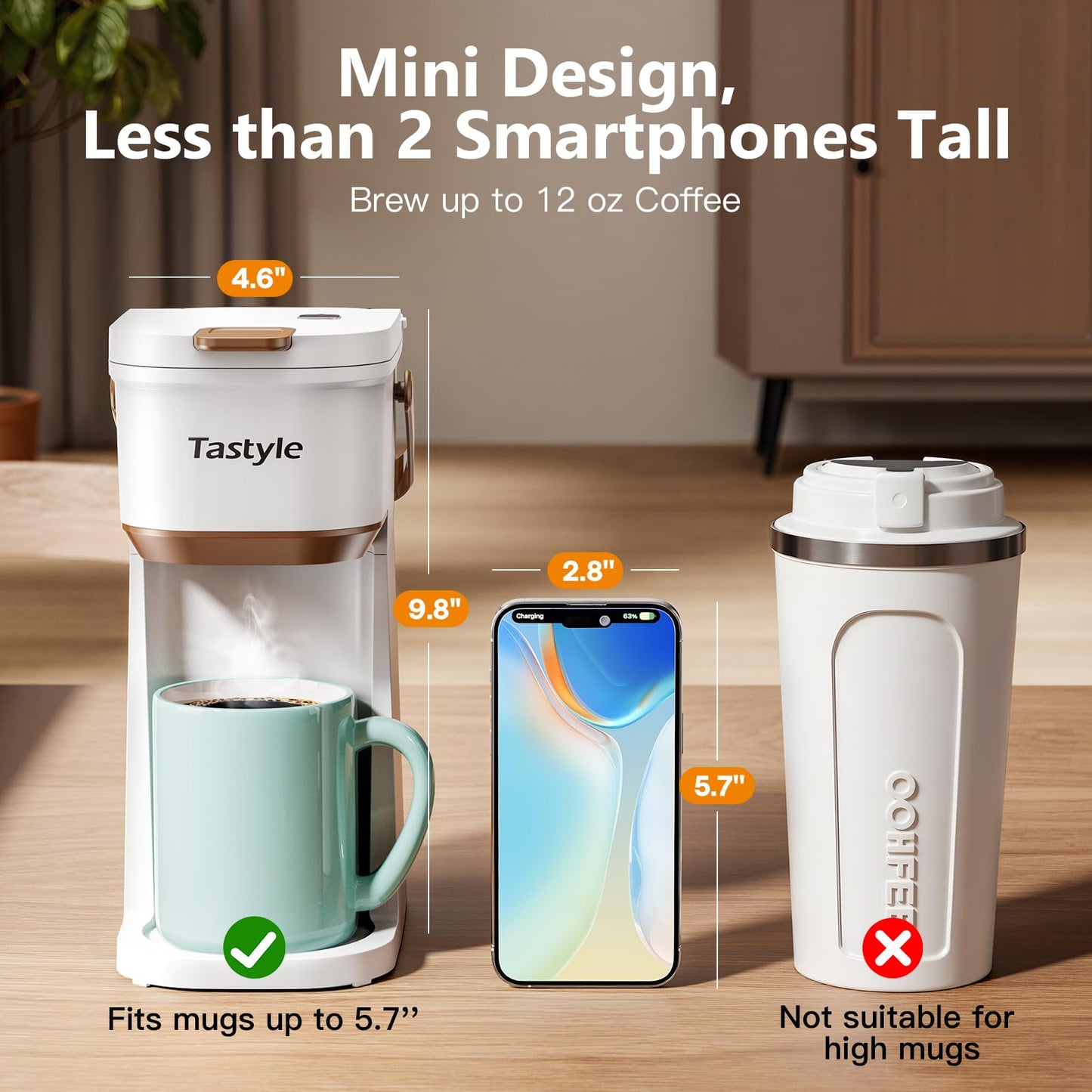 Single Serve One Cup Coffee Maker, for K Cups and Grounds, Mini Coffee Maker with Portable Handle, 6 to 12 Oz Brew Size, for Travel, Camping, Office, RV and Dorm, 120V, Black and Gold