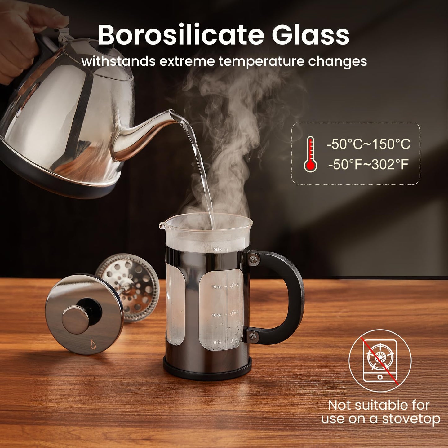 BAYKA French Press Coffee Maker, Large 304 Stainless Steel Coffee Press, Cold Brew Heat Resistant Thickened Borosilicate Coffee Pot for Camping Travel Gifts, 34 Ounce, Dark Pewter