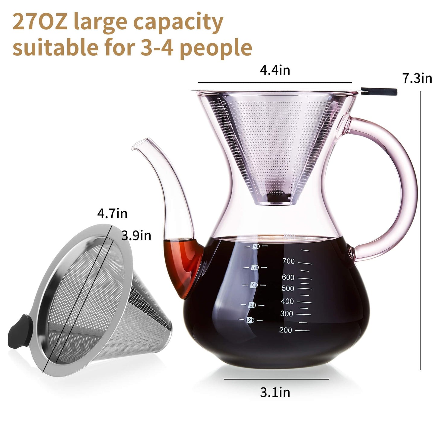 Unbreakable - Pour Over Coffee Maker with Double Stainless Filter 34 fl oz, Thickened Heat-Resistant Borosilicate Glass Pour Over Coffee Dripper, Stovetop Safe
