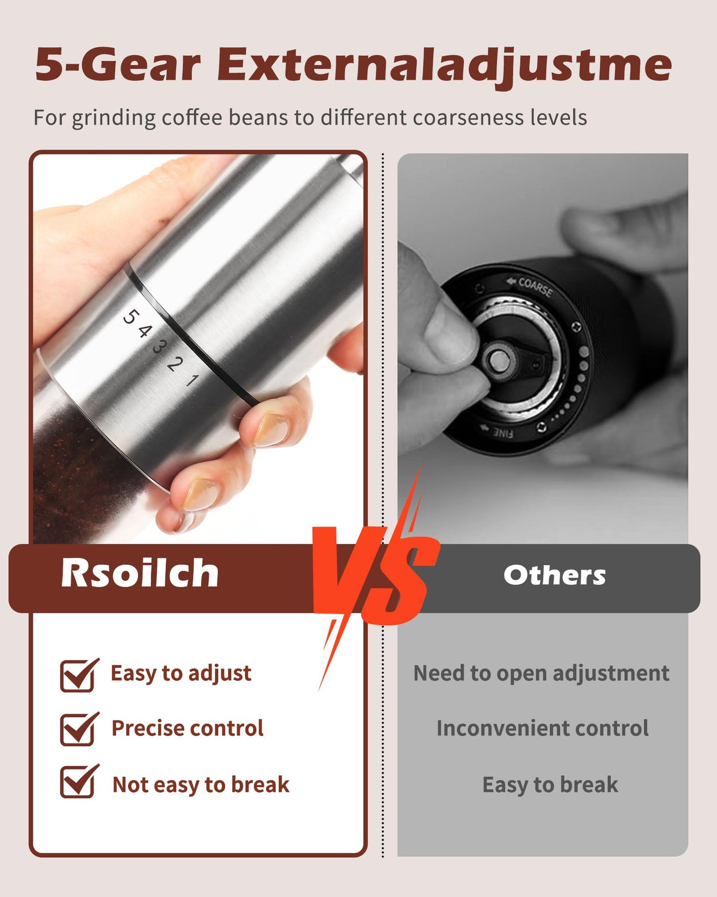 Manual Coffee Grinder With Ceramics Burr For Espresso,French Press,5 Adjustable Settings,Hand Maker with Built-In Burr,For Home Use and Camping Travel,Coffee Bean Grinders With Hand Crank