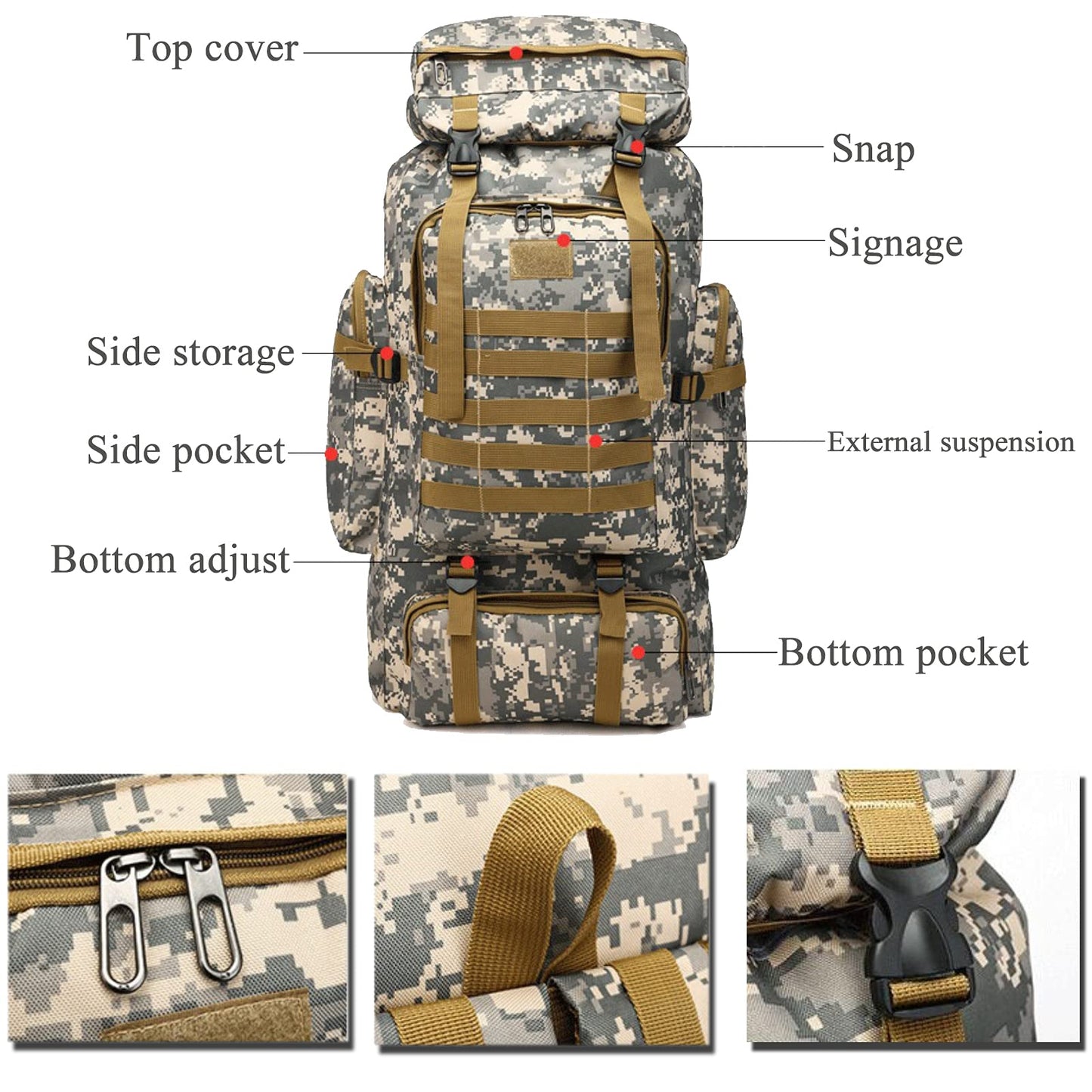 70L Hiking Backpack for Men, Waterproof Lightweight Camping Backpack, Military Rucksack with Molle, 3-Day Assault Pack for Travel, Climbing, Outdoor Sports (Green Camouflage)