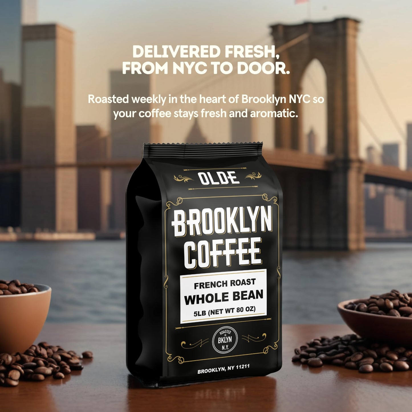 BROOKLYN COFFEE Whole Bean, Italian Dark Roast (5lb) Extra Strong, Delicious Taste, Heavenly Aroma - Fresh Bulk Coffee Beans Roasted Weekly in NYC