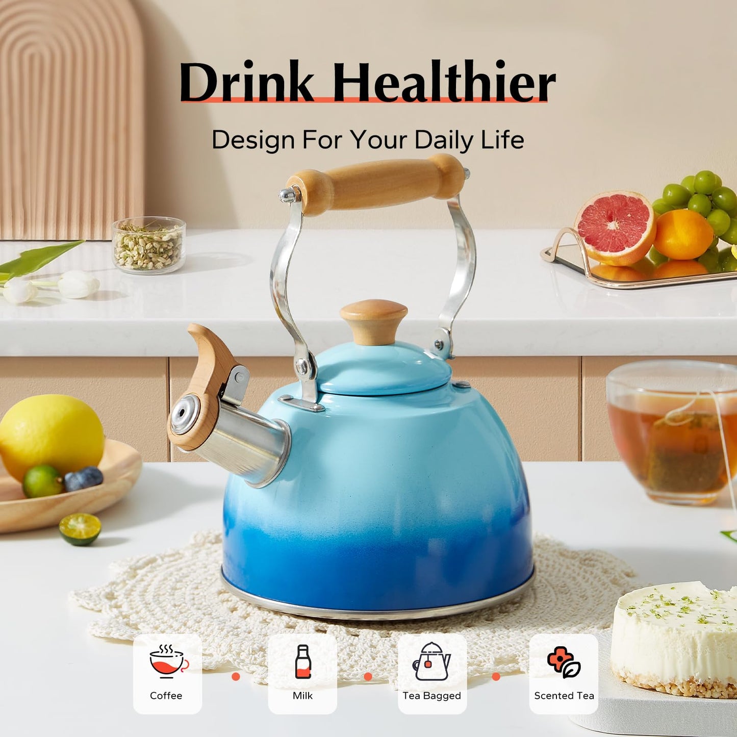 ROCKURWOK Tea Kettle, Tea Pot with Cool Touch Ergonomic Handle, Teapot Food Grade Stainless Steel, Tea Kettle Stovetop, Kettle Teapot, Whistling Tea Kettle, Small Tea Kettle, 1.6 Quart (Green)