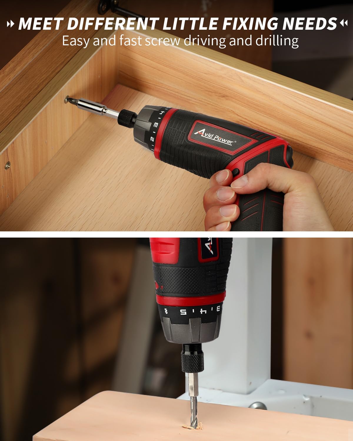 AVID POWER Electric Screwdriver Set Rechargeable 4V Cordless Screwdriver Kit with 44pcs Accessories, 5.65Nm Screw Gun, 5+1 Torque Setting, 2 Position Handle with LED Light